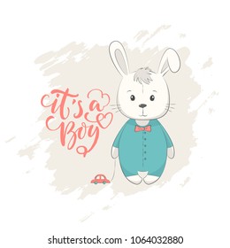 Cute vector illustration with bunny baby for baby wear and invitation card with phrase "it's a boy".