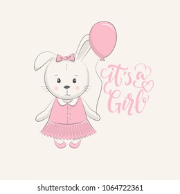 Cute vector illustration with bunny baby for baby wear and invitation card with phrase "it's a girl".