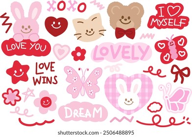 Cute vector illustration of bunny, teddy bear, cat, butterfly, star, flower for Valentine's Day, love sign, heart symbol, cartoon character, mascot, cute patches, shirt print, kid doll, plush toy