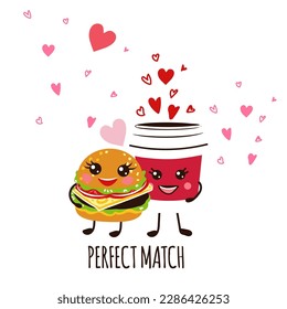 Cute vector illustration burger and soda, perfect match fashion apparel t-shirt print