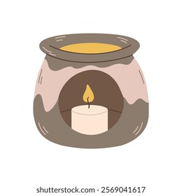 Cute vector illustration of burning candle in round candle holder. Aromatherapy, oil for aromalamp. Aromalamp.