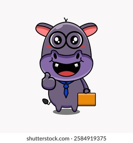 cute vector illustration of a businessman's hippo cartoon mascot