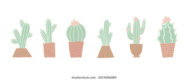 Cute Vektorgrafik von cacti. Cute Hand Zeichnen Vektorgrafik in Töpfen im Doodle-Stil.