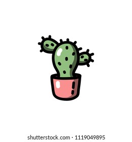 Cute vector illustration of a cactus potted cactus on white background in doodle cartoon style. Suitable for fashion patch, badges, posters, cards, prints, stickers etc