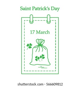 Cute vector illustration: calendar with a bag full of gold coins and clover for St. Patrick's Day. Design for banner, poster or print.