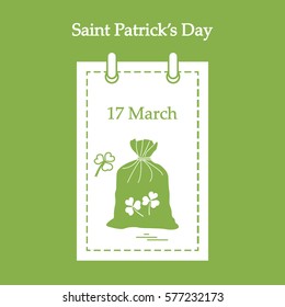 Cute vector illustration: calendar with a bag full of gold coins and clover for St. Patrick's Day. Design for banner, poster or print.