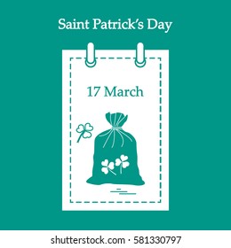 Cute vector illustration: calendar with a bag full of gold coins and clover for St. Patrick's Day. Design for banner, poster or print.