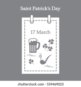 Cute vector illustration: calendar with a beer, clover, tobacco pipe for St. Patrick's Day. Design for banner, poster or print.