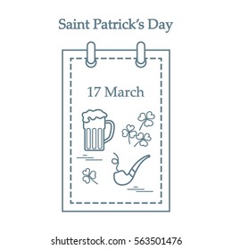 Cute vector illustration: calendar with a beer, clover, tobacco pipe for St. Patrick's Day. Design for banner, poster or print.