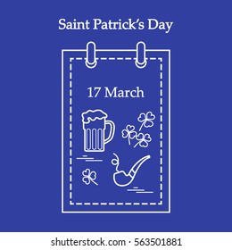 Cute vector illustration: calendar with a beer, clover, tobacco pipe for St. Patrick's Day. Design for banner, poster or print.