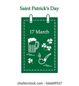 Cute vector illustration: calendar with a beer, clover, tobacco pipe for St. Patrick's Day. Design for banner, poster or print.