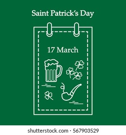 Cute vector illustration: calendar with a beer, clover, tobacco pipe for St. Patrick's Day. Design for banner, poster or print.