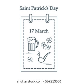 Cute vector illustration: calendar with a beer, clover, tobacco pipe for St. Patrick's Day. Design for banner, poster or print.