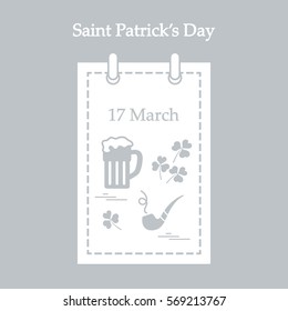 Cute vector illustration: calendar with a beer, clover, tobacco pipe for St. Patrick's Day. Design for banner, poster or print.