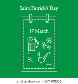 Cute vector illustration: calendar with a beer, clover, tobacco pipe for St. Patrick's Day. Design for banner, poster or print.