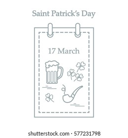 Cute vector illustration: calendar with a beer, clover, tobacco pipe for St. Patrick's Day. Design for banner, poster or print.