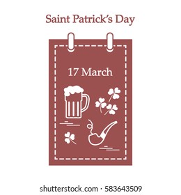 Cute vector illustration: calendar with a beer, clover, tobacco pipe for St. Patrick's Day. Design for banner, poster or print.