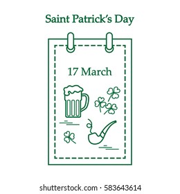 Cute vector illustration: calendar with a beer, clover, tobacco pipe for St. Patrick's Day. Design for banner, poster or print.