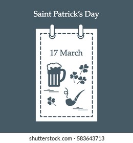 Cute vector illustration: calendar with a beer, clover, tobacco pipe for St. Patrick's Day. Design for banner, poster or print.