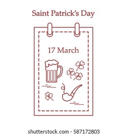 Cute vector illustration: calendar with a beer, clover, tobacco pipe for St. Patrick's Day. Design for banner, poster or print.