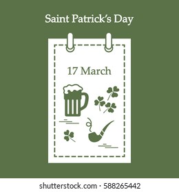 Cute vector illustration: calendar with a beer, clover, tobacco pipe for St. Patrick's Day. Design for banner, poster or print.