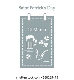 Cute vector illustration: calendar with a beer, clover, tobacco pipe for St. Patrick's Day. Design for banner, poster or print.