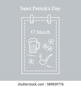 Cute vector illustration: calendar with a beer, clover, tobacco pipe for St. Patrick's Day. Design for banner, poster or print.