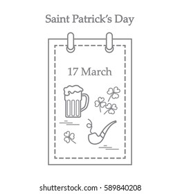 Cute vector illustration: calendar with a beer, clover, tobacco pipe for St. Patrick's Day. Design for banner, poster or print.