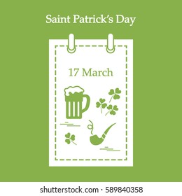 Cute vector illustration: calendar with a beer, clover, tobacco pipe for St. Patrick's Day. Design for banner, poster or print.