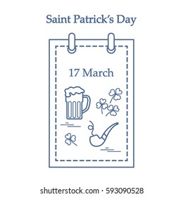 Cute vector illustration: calendar with a beer, clover, tobacco pipe for St. Patrick's Day. Design for banner, poster or print.