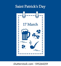 Cute vector illustration: calendar with a beer, clover, tobacco pipe for St. Patrick's Day. Design for banner, poster or print.