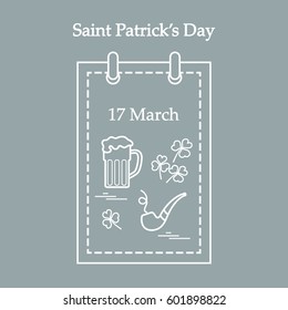 Cute vector illustration: calendar with a beer, clover, tobacco pipe for St. Patrick's Day. Design for banner, poster or print.