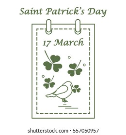 Cute vector illustration: calendar with bird and clover for St. Patrick's Day. Design for banner, poster or print.