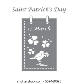 Cute vector illustration: calendar with bird and clover for St. Patrick's Day. Design for banner, poster or print.