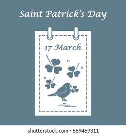 Cute vector illustration: calendar with bird and clover for St. Patrick's Day. Design for banner, poster or print.