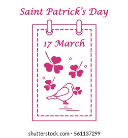 Cute vector illustration: calendar with bird and clover for St. Patrick's Day. Design for banner, poster or print.