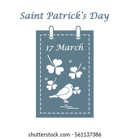 Cute vector illustration: calendar with bird and clover for St. Patrick's Day. Design for banner, poster or print.