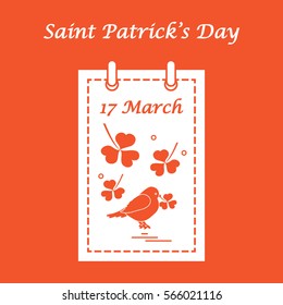 Cute vector illustration: calendar with bird and clover for St. Patrick's Day. Design for banner, poster or print.