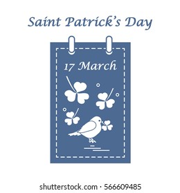 Cute vector illustration: calendar with bird and clover for St. Patrick's Day. Design for banner, poster or print.