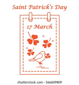 Cute vector illustration: calendar with bird and clover for St. Patrick's Day. Design for banner, poster or print.