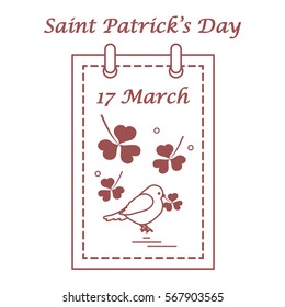 Cute vector illustration: calendar with bird and clover for St. Patrick's Day. Design for banner, poster or print.
