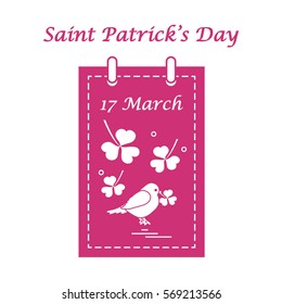 Cute vector illustration: calendar with bird and clover for St. Patrick's Day. Design for banner, poster or print.
