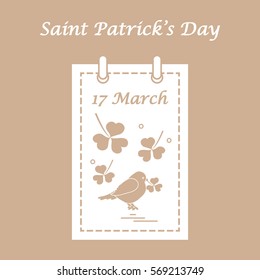 Cute vector illustration: calendar with bird and clover for St. Patrick's Day. Design for banner, poster or print.