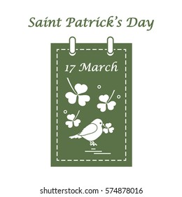 Cute vector illustration: calendar with bird and clover for St. Patrick's Day. Design for banner, poster or print.