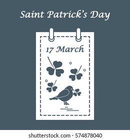 Cute vector illustration: calendar with bird and clover for St. Patrick's Day. Design for banner, poster or print.