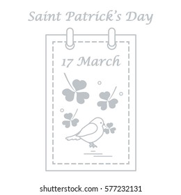 Cute vector illustration: calendar with bird and clover for St. Patrick's Day. Design for banner, poster or print.