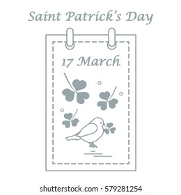Cute vector illustration: calendar with bird and clover for St. Patrick's Day. Design for banner, poster or print.