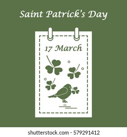 Cute vector illustration: calendar with bird and clover for St. Patrick's Day. Design for banner, poster or print.