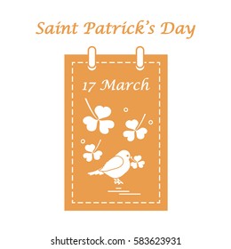 Cute vector illustration: calendar with bird and clover for St. Patrick's Day. Design for banner, poster or print.