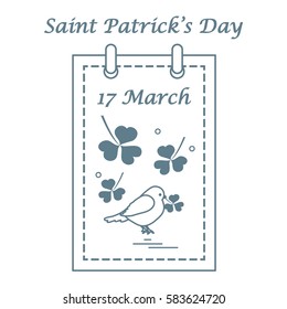 Cute vector illustration: calendar with bird and clover for St. Patrick's Day. Design for banner, poster or print.